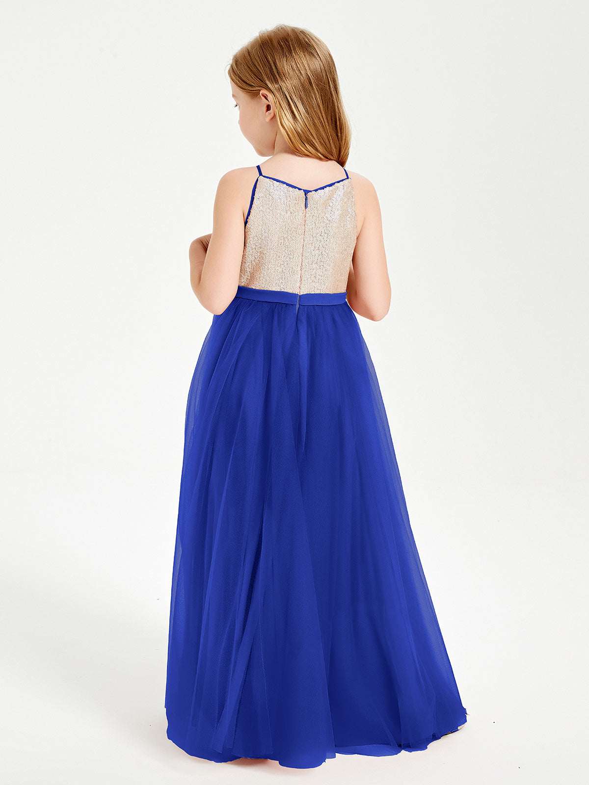 Sequined Top Long Tulle Junior Bridesmaid Gown Royal Blue